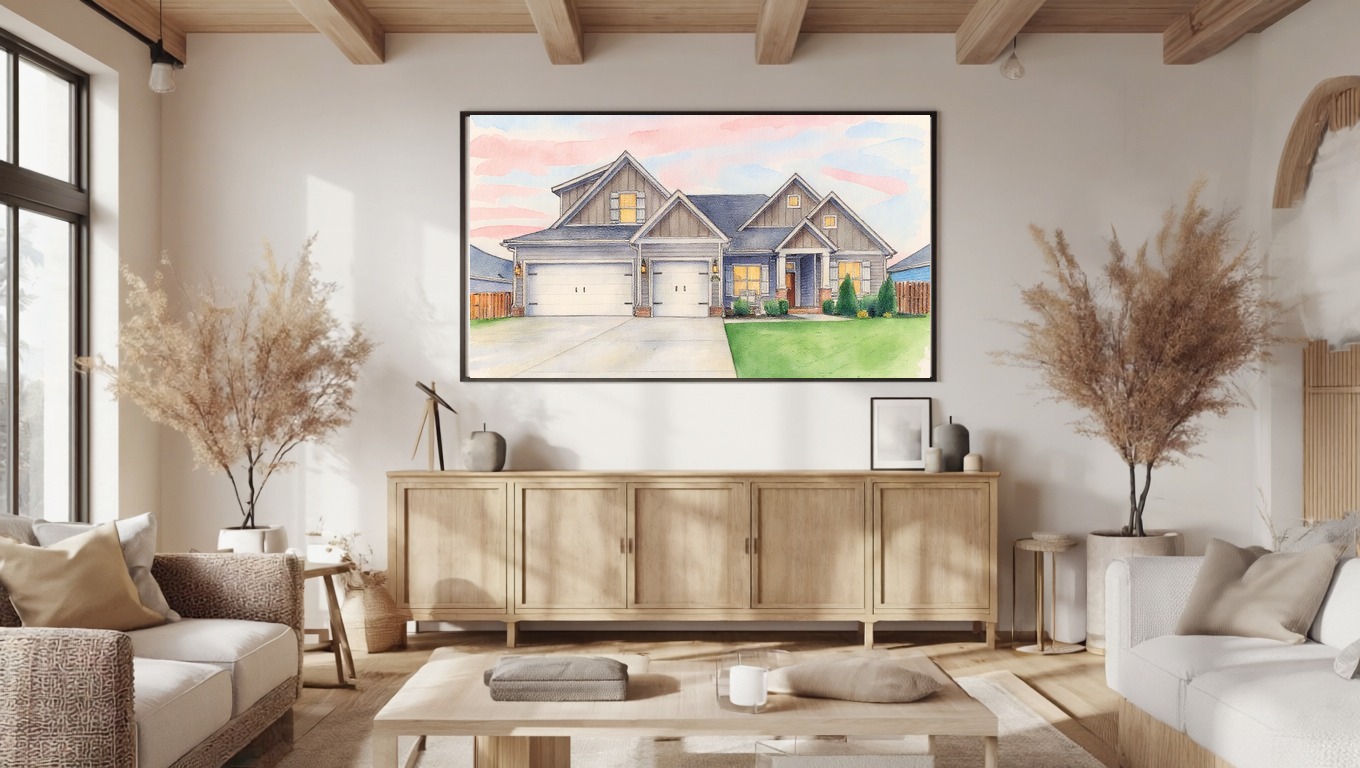 Watercolor house portrait mockup, framed and hung in a living room