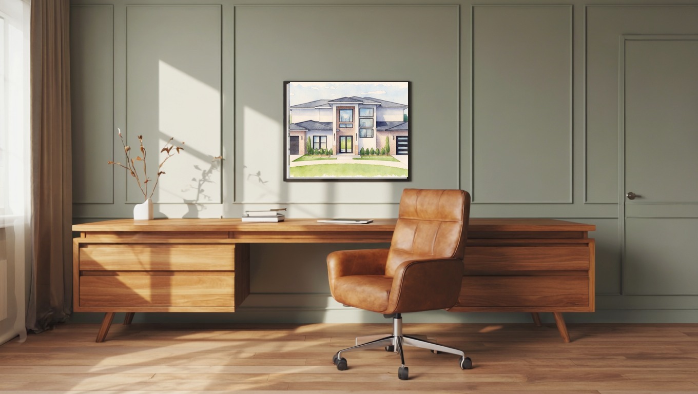 Watercolor house portrait mockup, framed and hung in a home office